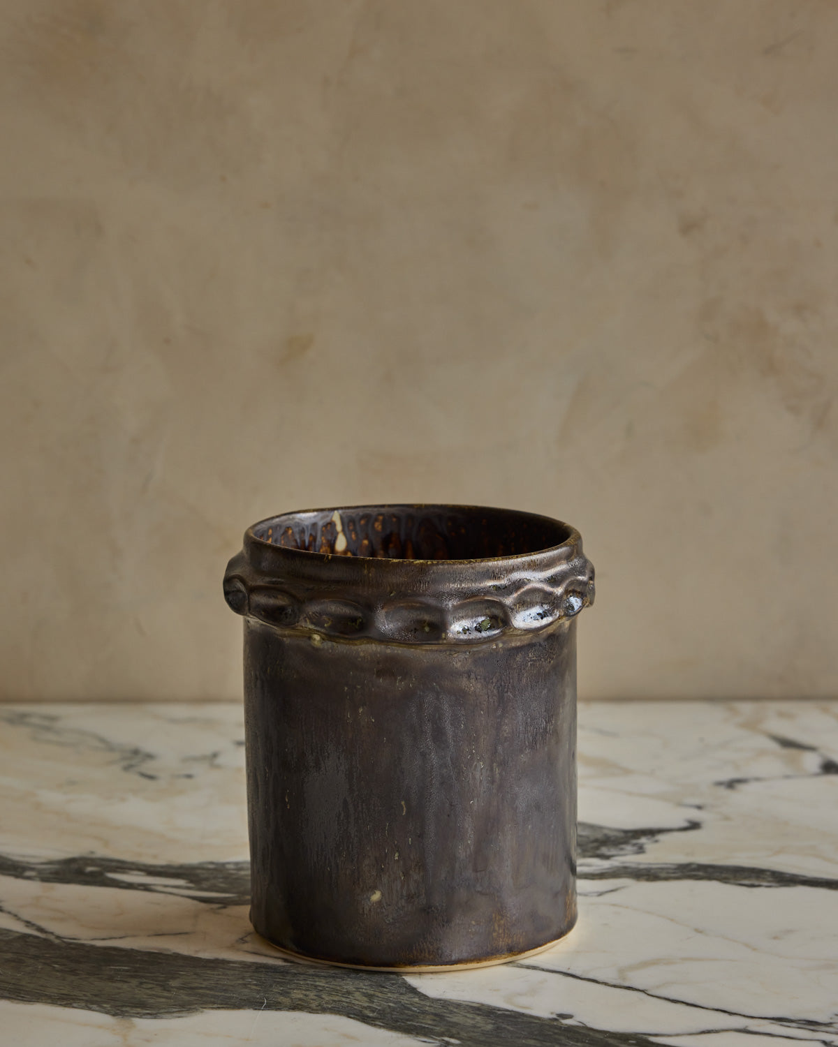 Hand Built Ceramic Chain Vessel in Bronze